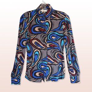 Trina Turk Silk Jersey Shirt Retro Print Long Sleeves Size “P”